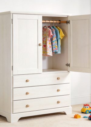 White Wooden Kids Wardrobe with Drawers